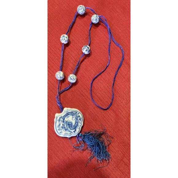 Dragon Pendant Necklace ~ Blue String w/ Blue & White Beads 19” - Picture 1 of 6